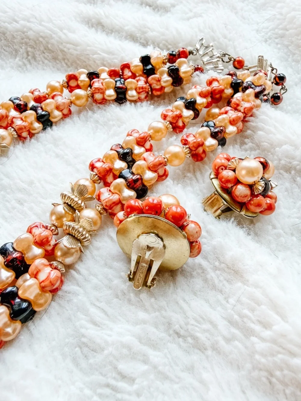 Vintage 3-Strand Beaded Statement Set - Cluster Earrings & Necklace - Picture 8 of 9